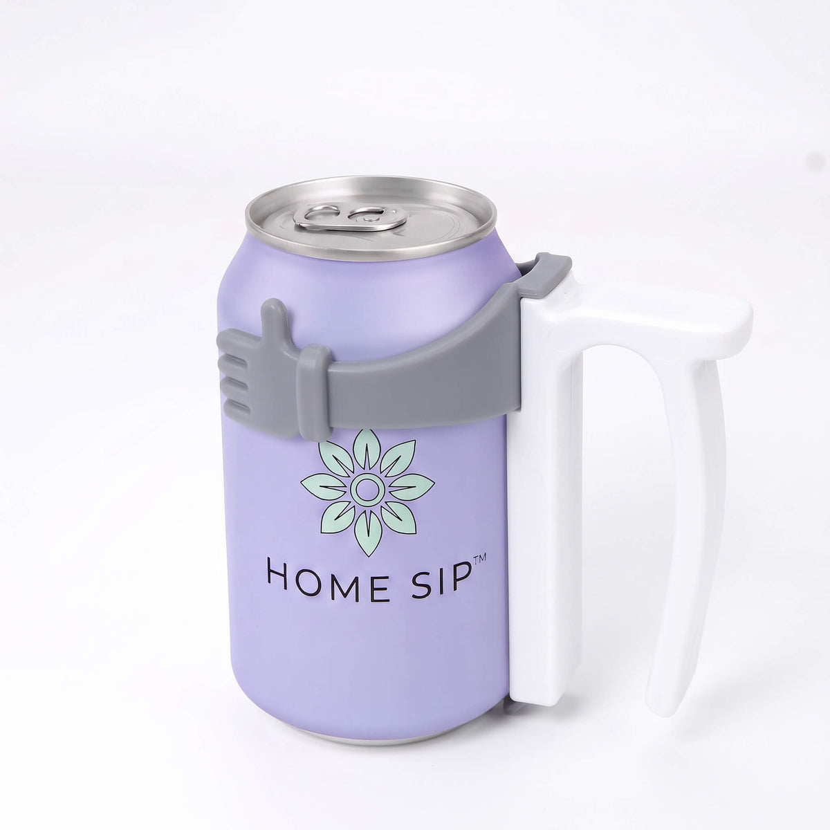 A lavender insulated can cooler mug with a white handle and gray silicone grip, shown holding a silver aluminum can. The mug features a green flower logo and the text 'HOME SIP' on the front, set against a clean white background.