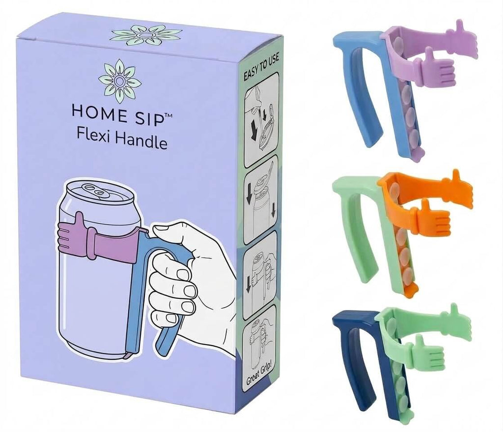 A product box labeled 'HOME SIP Flexi Handle' shown beside three small views of the product itself: a blue handle with a purple grip, an orange handle with a green grip, and a dark blue handle with a green grip. The box includes a hand illustration demonstrating use.