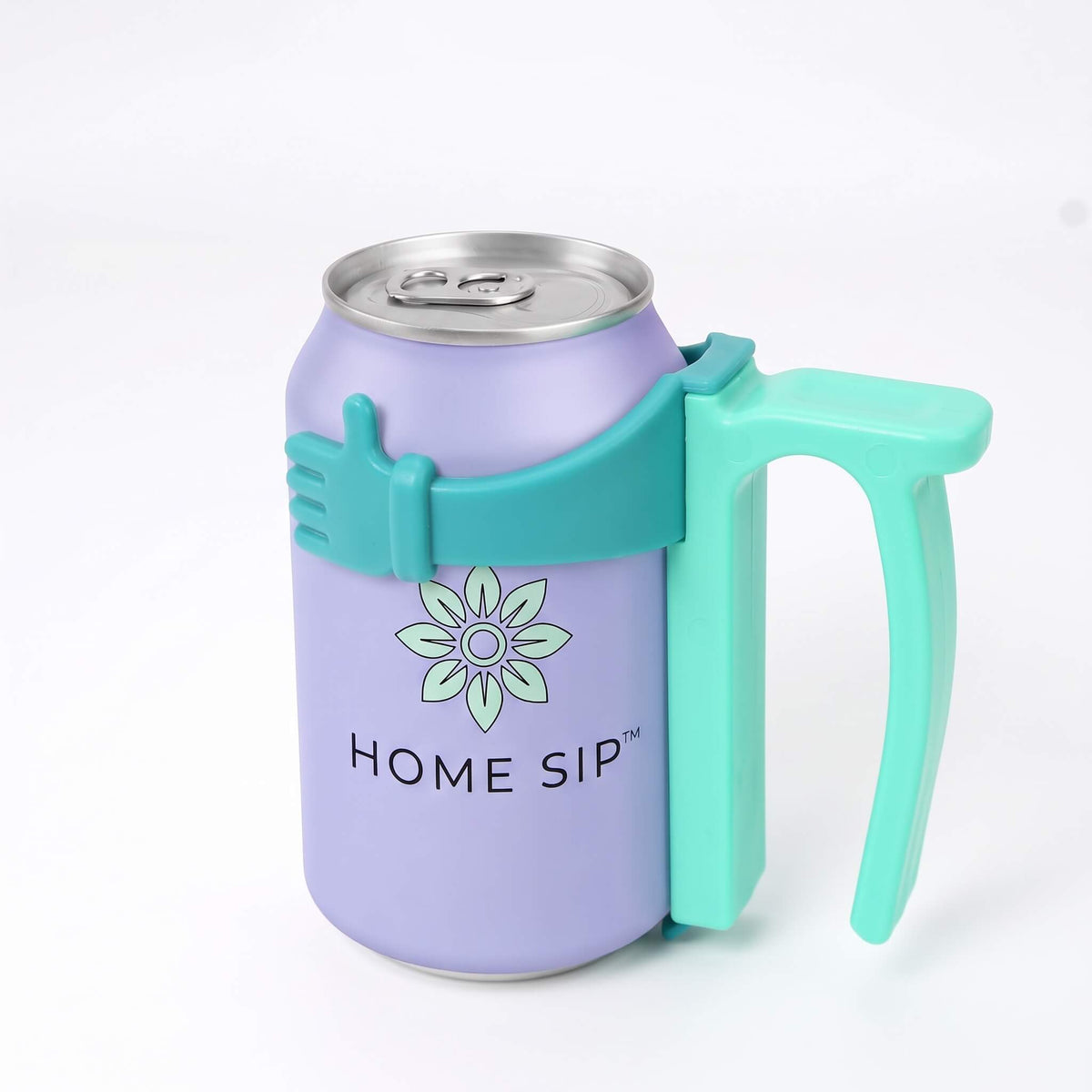 A light purple insulated can cooler mug with a mint green handle and grip, shown holding a silver aluminum beverage can. The mug features a green flower logo and the text 'HOME SIP' on the front, set against a clean white background.