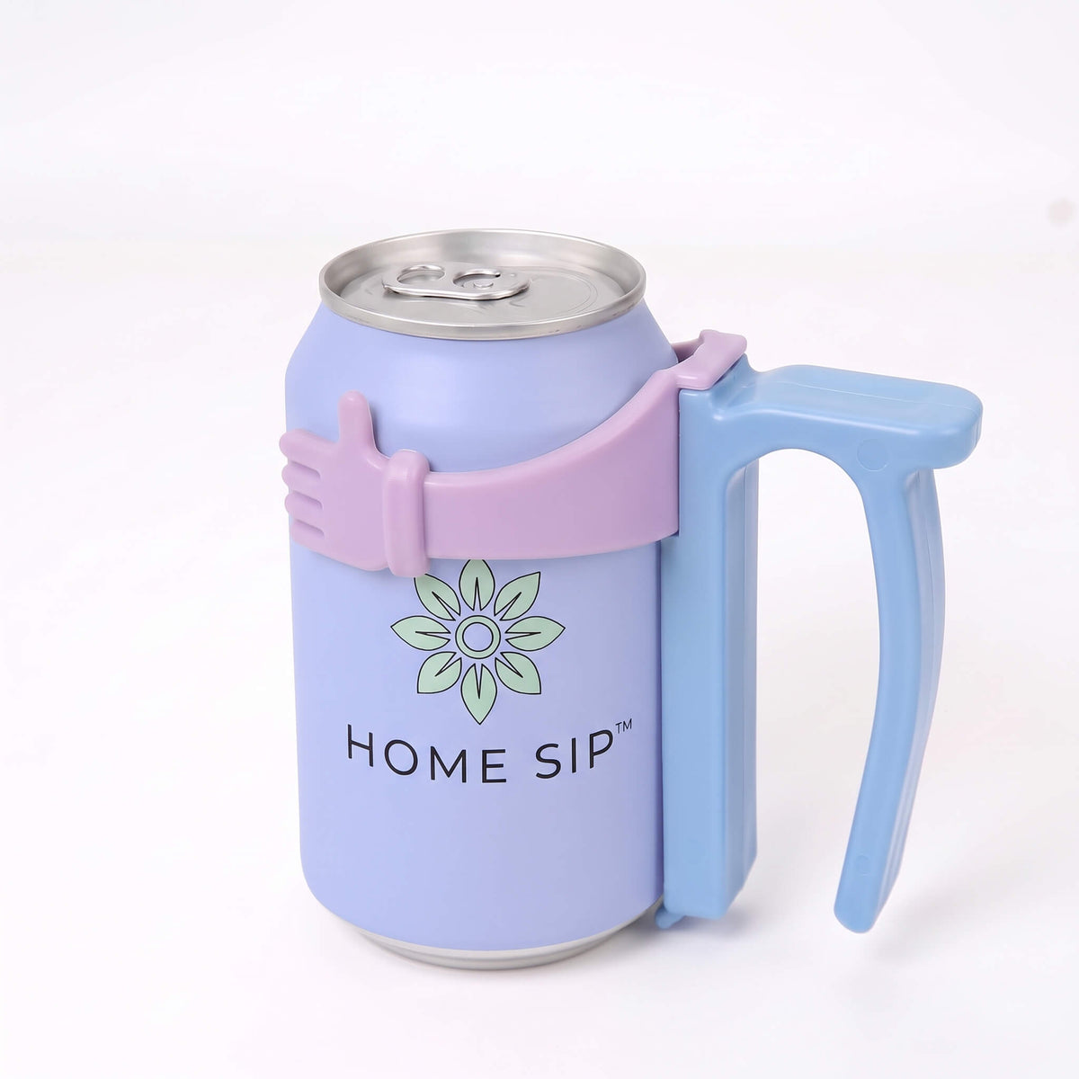 A light blue and lavender can-shaped beverage holder with a built-in handle and a matching sleeve around the top, shown on a clean white background. The front features a green flower logo and the text 'HOME SIP'.