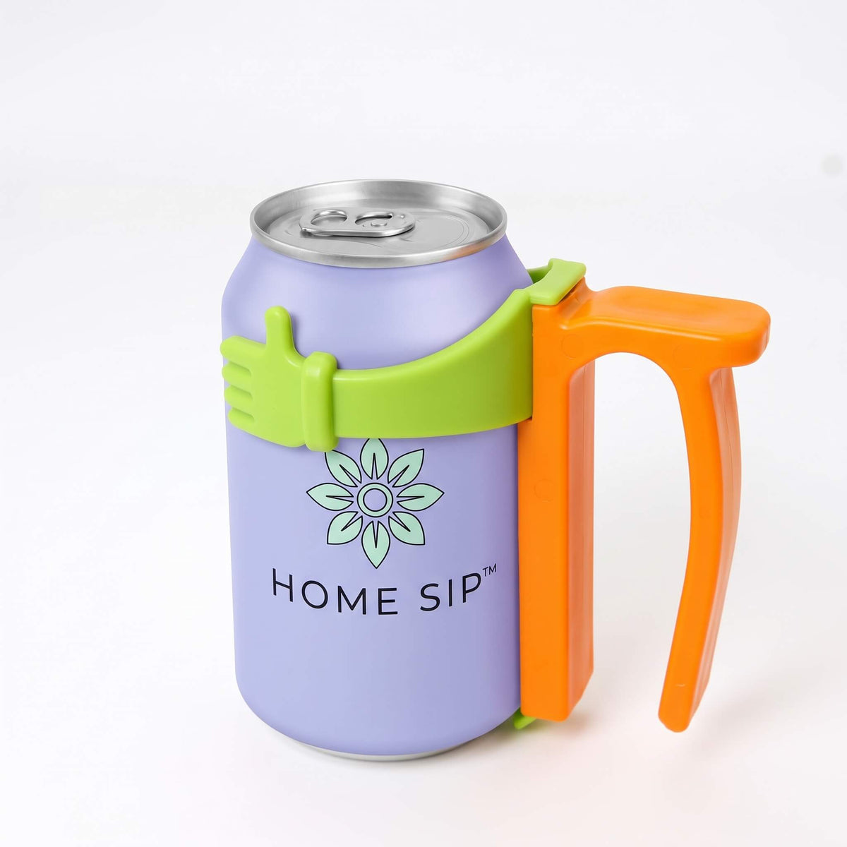 A purple insulated can cooler mug with an integrated orange handle and green silicone grip, shown holding a silver beverage can. The mug features a green flower logo and the text 'HOME SIP' on the front, set against a clean white background.