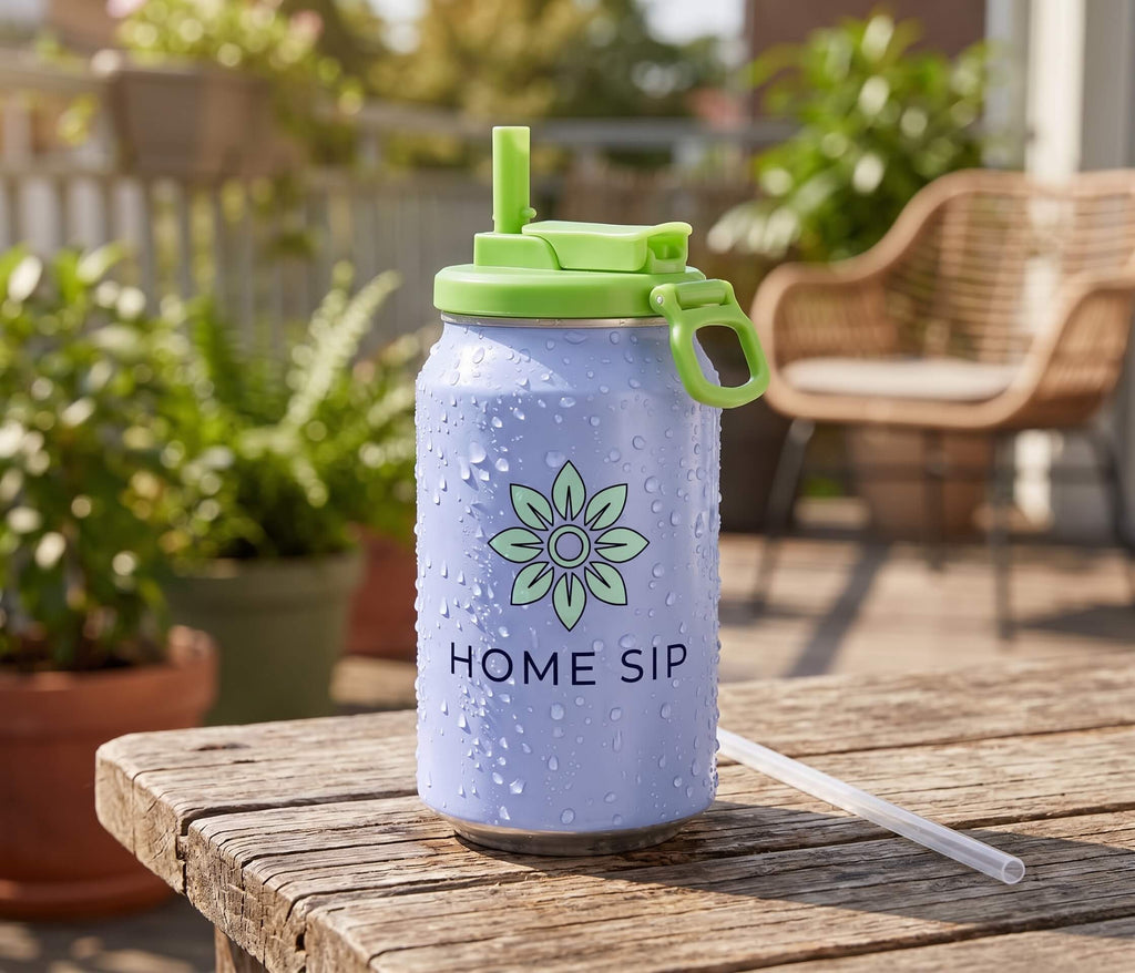 A light lavender insulated water bottle with a bright green lid and straw, sitting on a wooden outdoor table. The bottle features a green flower graphic and the text 'HOME SIP'.
