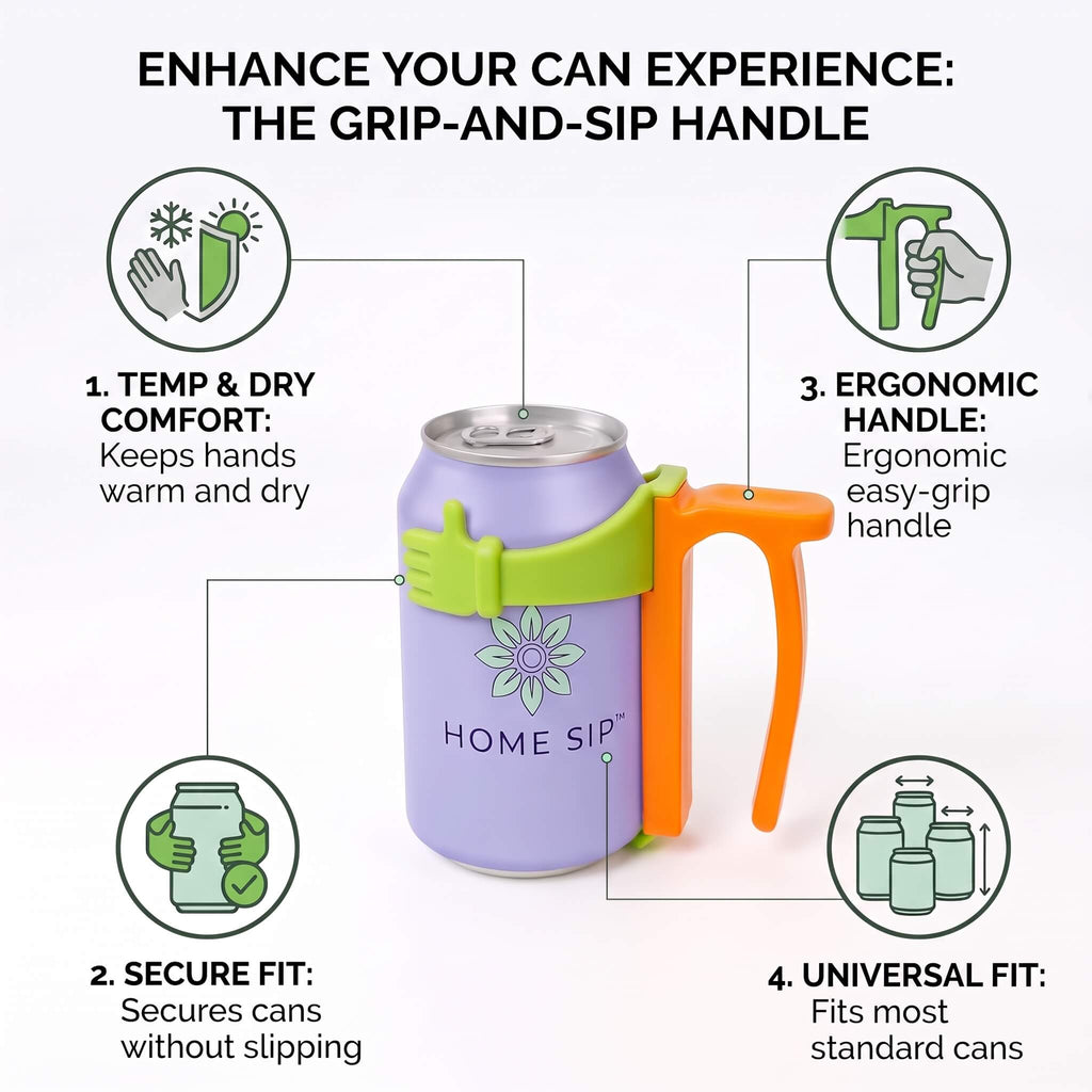 A can-shaped insulated drink container with a green and orange grip-and-sip handle, shown on a white background with callout icons and text describing features like temp & dry comfort, secure fit, ergonomic handle, and universal fit. The can is labeled HOME SIP.