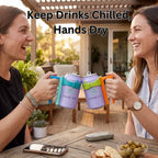 Two women clinking purple insulated can-shaped cups with colorful handles and straps at an outdoor patio table. The text 'Keep Drinks Chilled, Hands Dry' appears at the top.