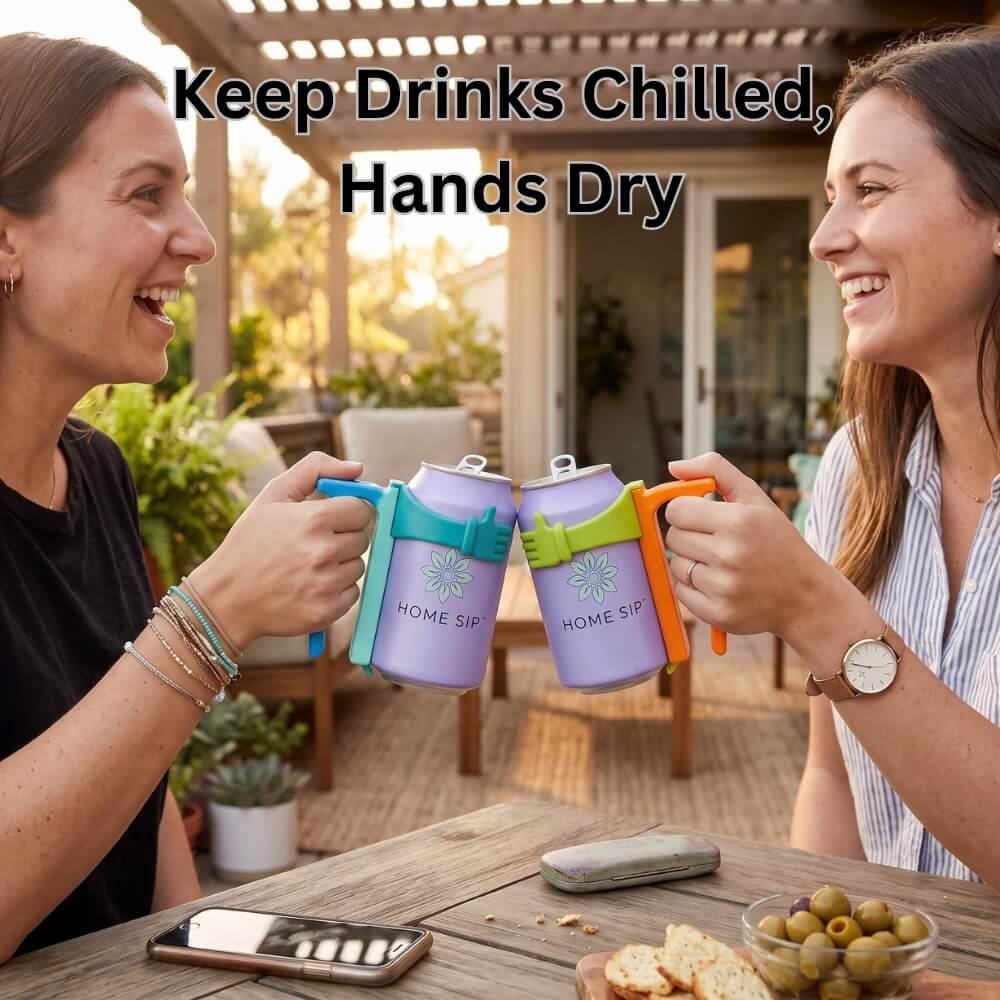 Two women clinking purple insulated can-shaped cups with colorful handles and straps at an outdoor patio table. The text 'Keep Drinks Chilled, Hands Dry' appears at the top.