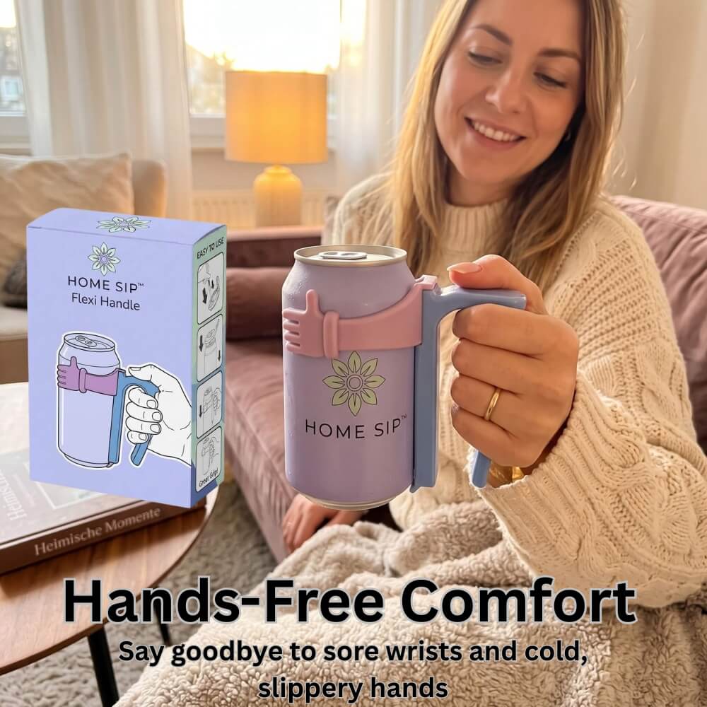 A woman in a cozy living room setting holds a lavender can-shaped tumbler with a pink and blue flexi handle, while the product packaging box is shown on the left. Text at the bottom reads 'Hands-Free Comfort'.