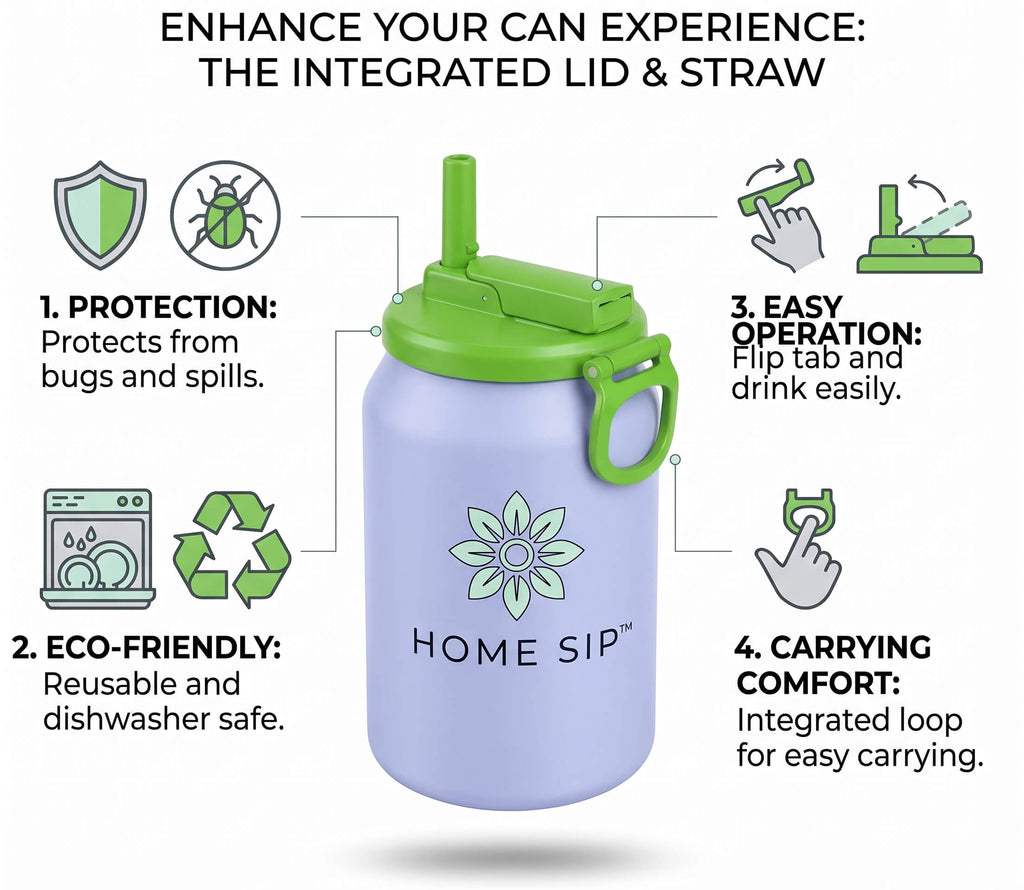 A light lavender reusable tumbler with a bright green straw lid and carrying loop, shown on a white background with feature callouts and icons. The tumbler has the text 'HOME SIP' printed on it.